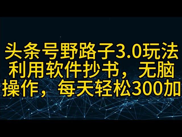 完整实操，网赚项目，最新2024，头条号野路子3.0玩法，利用软件抄书，无脑操作，一天轻松搞个两三百