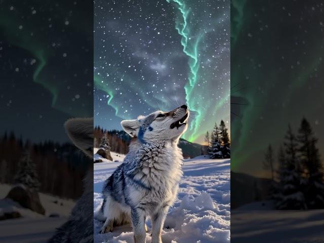 Magical AI-Generated Ice Wolf Howling Under Northern Lights