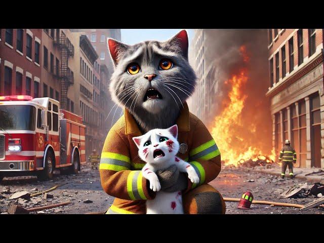 Firefighter Cat - City on Big Fire #cat #cute #catlover #catvideos #cutecat #aiimages #aicat