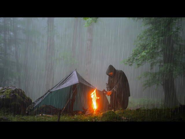 Rainstorm Camping - dark and Gloomy Heavy Rain - foggy forest