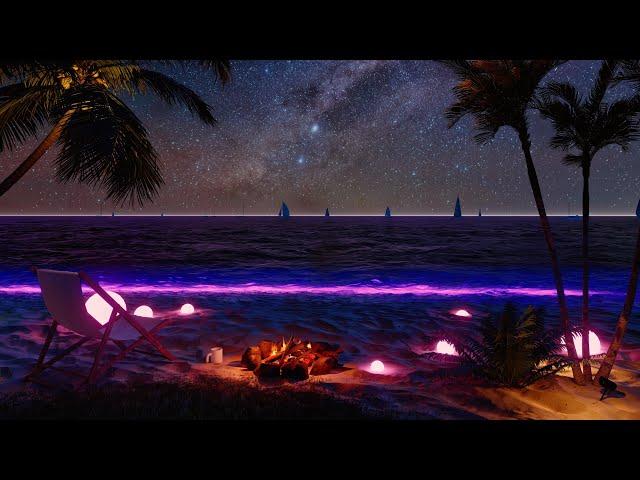 Purple Beach Night Ambience | Ocean Sound for Sleep | Campfire ASMR