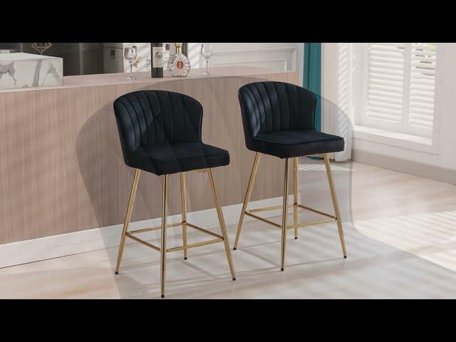 Wahson Velvet Black Breakfast Bar Stools Set of 2 Upholstered Counter Chairs for Home Bar Kitchen