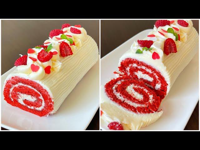 Best Red velvet Swiss roll/ roll cake recipe -سويسرول ريد فيلفيت