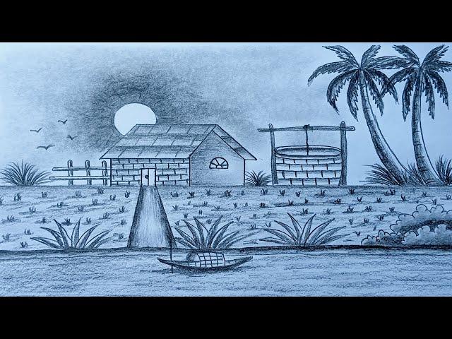 pencil drawing with river side comely village house very easy // drawing tutorial // pencil drawing