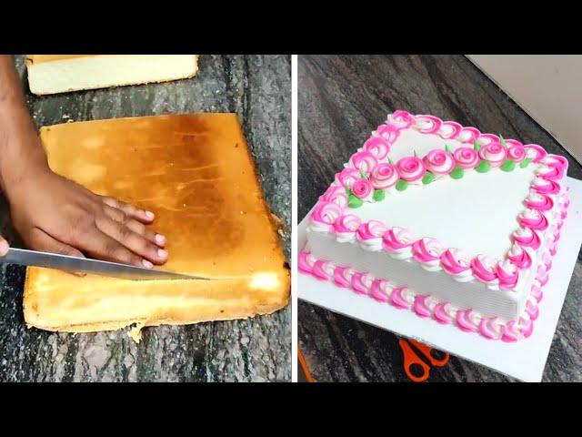 Square Pink Colours Butter Cream Cake | Stand Flower Cake Design