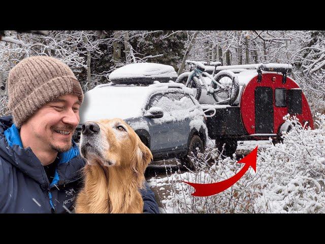 Snow camping in a teardrop trailer w/ my dog | Bean Trailer Review