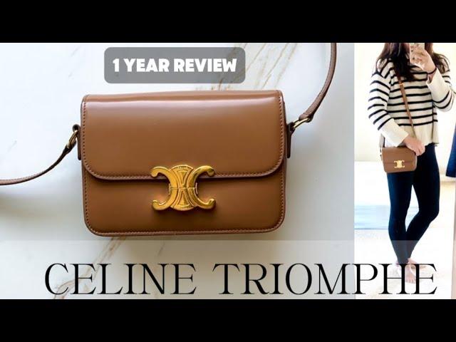 CELINE TRIOMPHE BAG - 1 year review | still WORTH IT? Wear and tear + what fits #celine #handbags