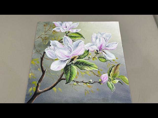 Painting Stunning Magnolia Flowers | Easy Acrylic Painting Step-by-Step Tutorial.