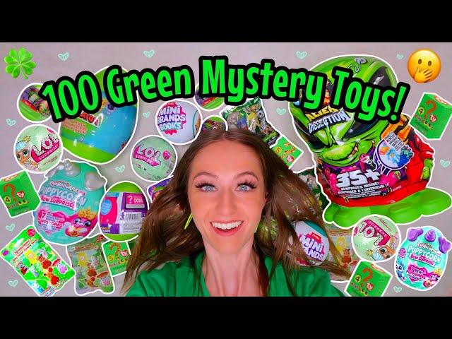 UNBOXING 100 *GREEN ONLY* MYSTERY TOYS!! (RAINBOCORNS, L.O.L, MINI BRANDS, ROBLOX EGGS ETC!!🫢)