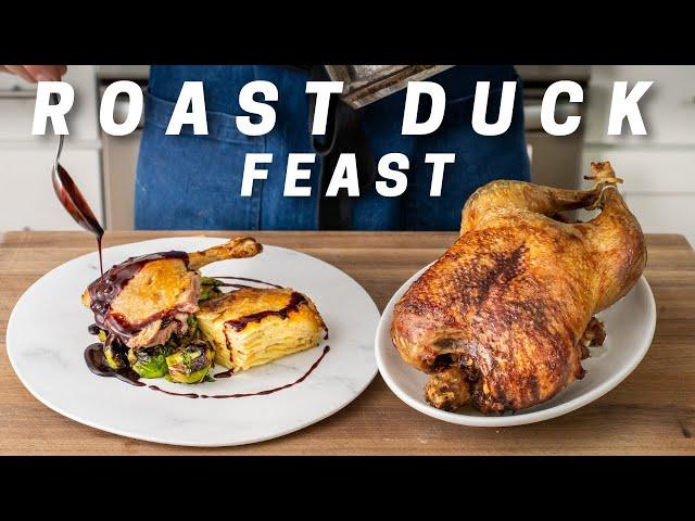 Roast Duck Feast (Potatoes Au Gratin and Brussel Sprouts with Caramelized Leeks)