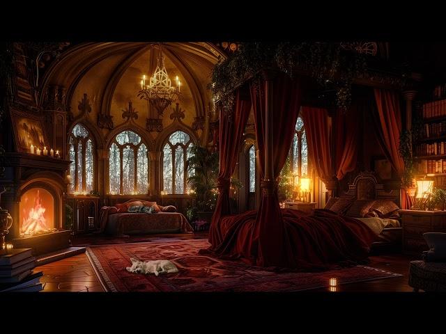 Nighttime Thunderstorm in a Cozy Castle Room - Rain and Fireplace Sounds with Dog and Cat - 8 Hours