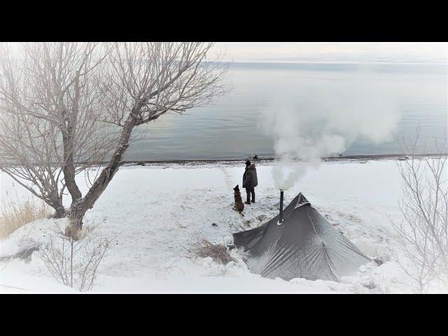 Hot Tent Winter Camping in Snow, Wood Stove Cooking, Bushcraft Camp, Nature Sounds, Asmr