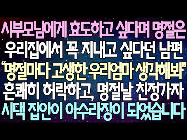 (반전 사연) 시부모님에게 효도하고 싶다며 명절은 우리집에서 꼭 지내고 싶다던 남편 제가 흔쾌히 허락하고 명절날 친정가자 시댁 집안이 아수라장이 되었습니다 /사이다사연/라디오드라마