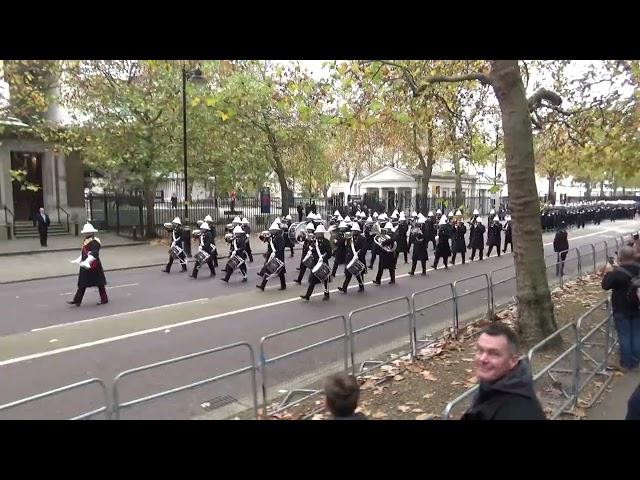 Remembrance Sunday 2024 Band of HM Royal Marines marching from Wellington Barracks to the Cenotaph