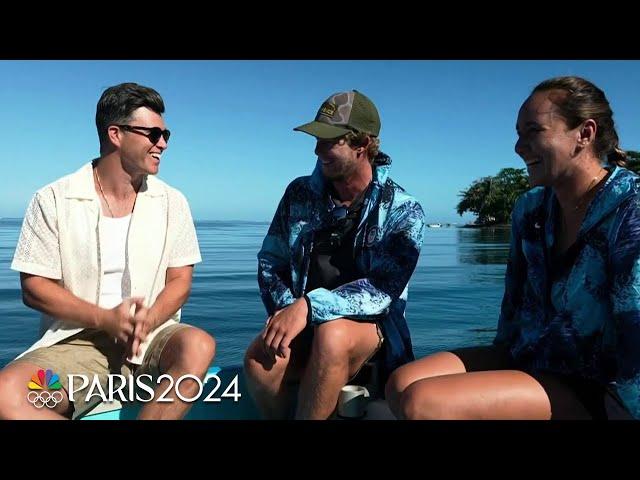 Colin Jost hits the waves with Team USA surfers Carissa Moore, John John Florence | Paris Olympics