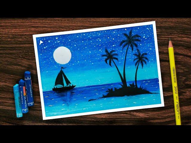 How to Draw Scenery of Moonlight with Oil Pastel step by step