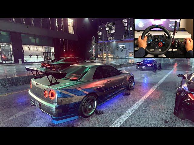 NFS HEAT Police Chase Fast and Furious Paul Walker NISSAN SKYLINE GT-R R34 - LOGITECH G29 gameplay