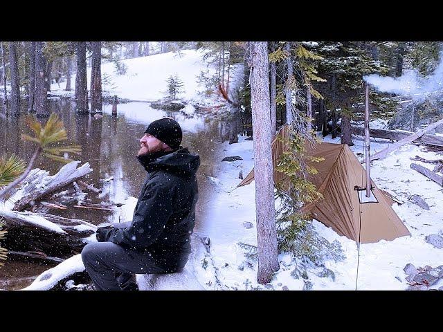 Hot Tent Lake Camping In Snow Flurry | Wood Stove Shrimp Alfredo