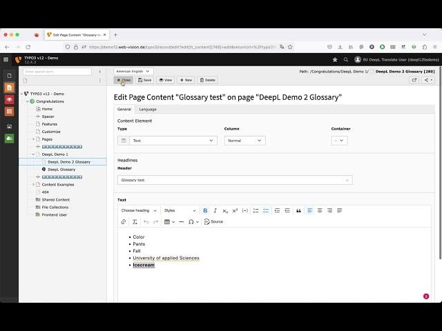TYPO3 & DeepL Glossary Demo