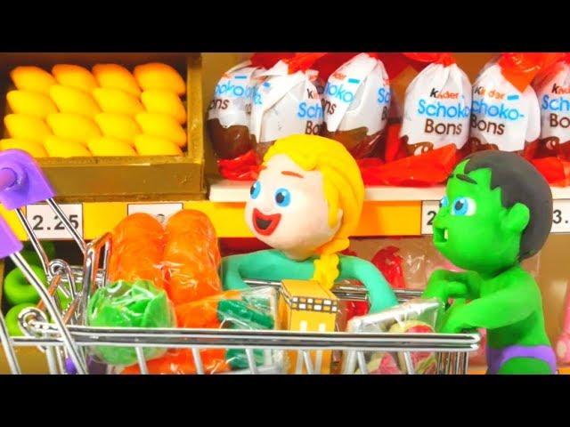 Superhero Babies At The Supermarket Hulk Frozen Elsa Play Doh Cartoons Stop Motion Movies