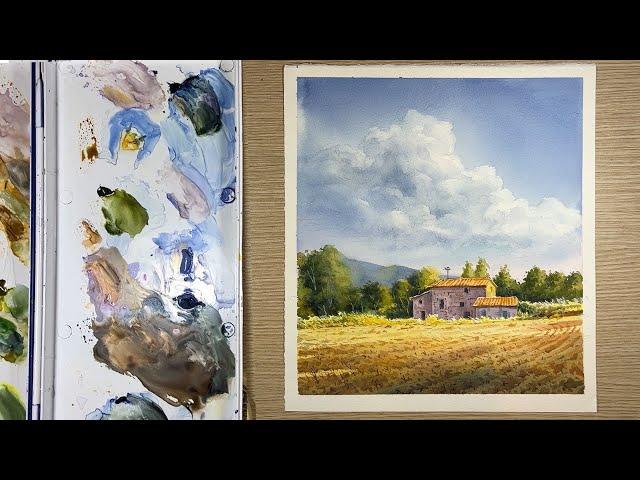 Watercolor painting landscape - Sky above the Farm