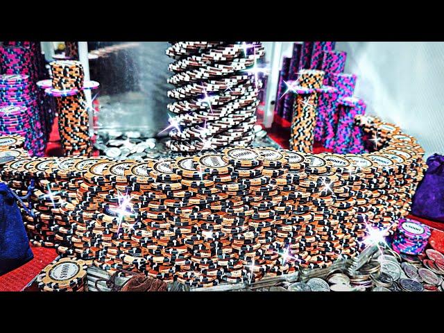 World’s 4th Largest Wall of Poker Chips! 100-Quarter High-Limit Coin Pusher Challenge