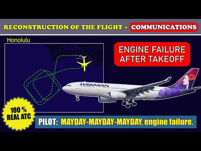 MAYDAY. Engine failure after takeoff. Fuel dumping | Hawaiian Airbus A330-200 | Honolulu, ATC