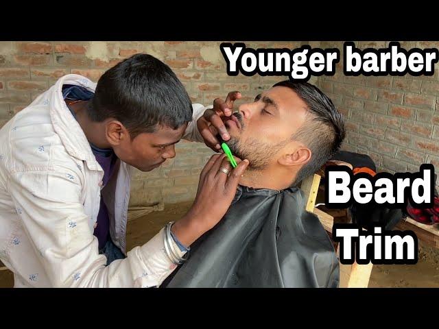 Younger barber head and beard trim with comb and razor by Indian street barber //ASMR