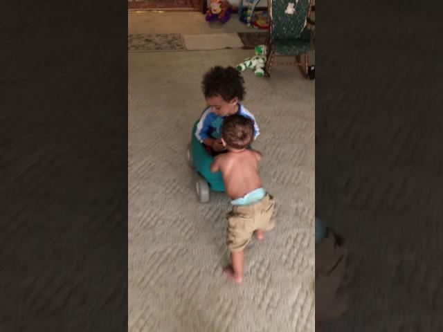 Infant Pushes His Older Brother In A Wagon