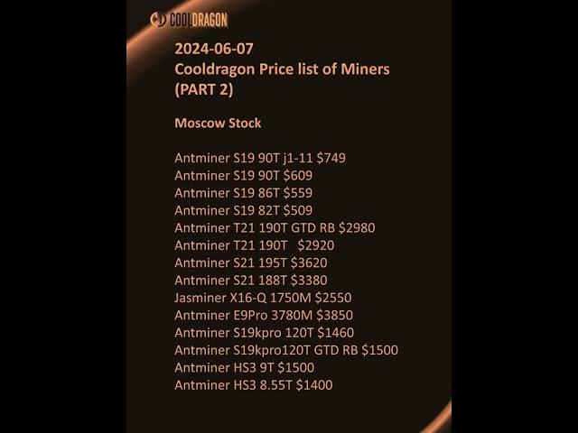 Cooldragon Price List of Miners: (2024-06-07)