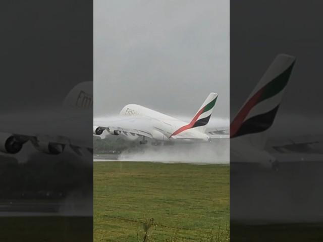 Emirates A380 Takeoff in a Heavy Rain Storm  #emirates #a380 #manchester #storm #takeoff