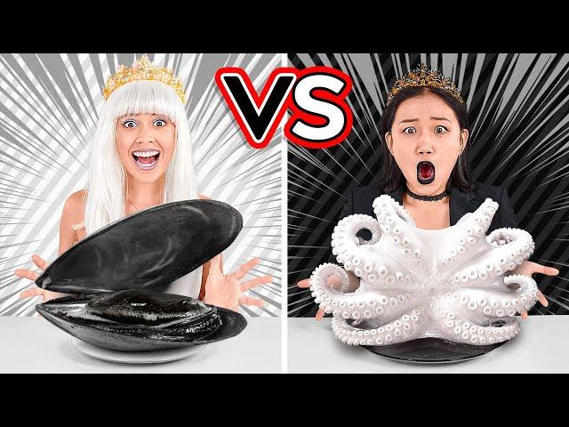 BLACK VS WHITE COLOR CHALLENGE! Fun Eating Everything In 1 Color For 24 Hours By 123 GO! CHALLENGE