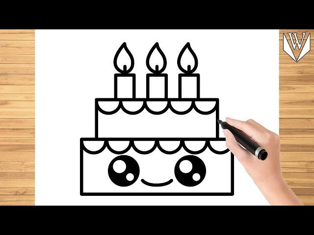 How to draw Cute Birthday Cake Step by step Tutorial | Free Download Coloring Page