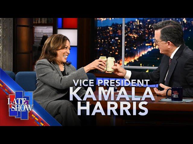 VP Kamala Harris Shares A Miller High Life With Stephen Colbert