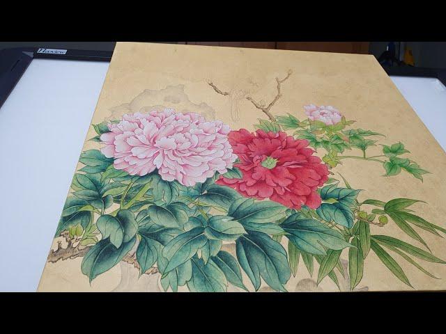 화조도3- 나뭇잎 잎맥/라인 그리기(공필화)(민화)(독학민화) Oriental painting-peony blossoms and bird