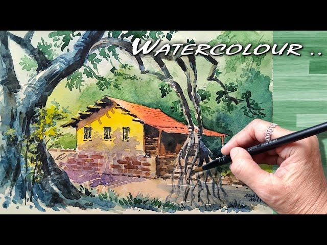  Beautiful Rural Watercolour Landscape Painting Step by Step | जलरंग निसर्गचित्र पेंटिंग