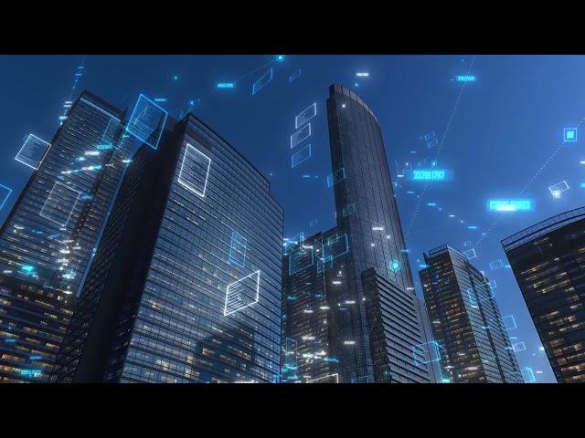 4K 100% Royalty-Free Stock Footage | Modern city buildings with high tech data | No Copyright Video