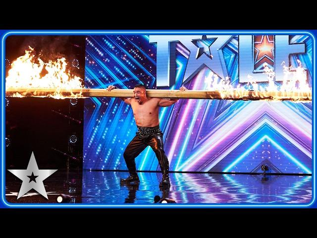 Strongman Tulga carries FLAMING pole by his TEETH | Unforgettable Audition | Britain's Got Talent