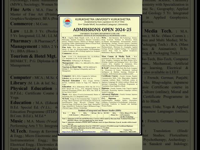 Admissions Open in Kurukshetra University Kuruksheta.