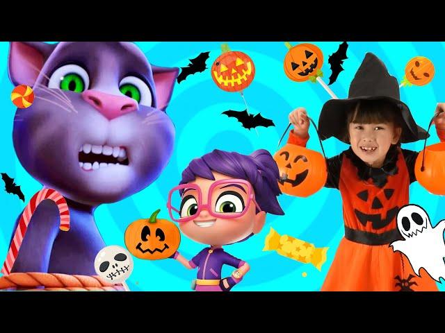 Talking Tom Pretend Play Halloween Trick or Treat Candy Haul VS Abby Hatcher