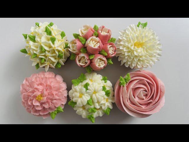 Buttercream Floral Cupcake Decorating in pink & white (to get this set: search "anhbakes" on Amazon)