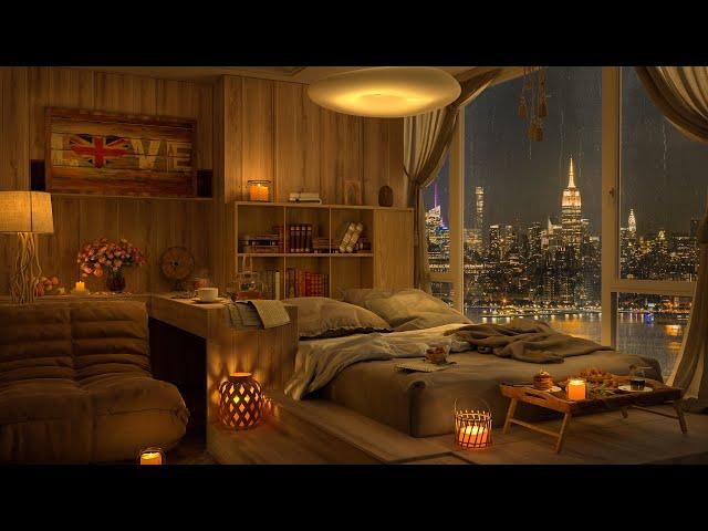 4K Cozy Bedroom - A Rainy Night Sleeping in New York City - Jazz Music for Sleep, Study, Focus, Work