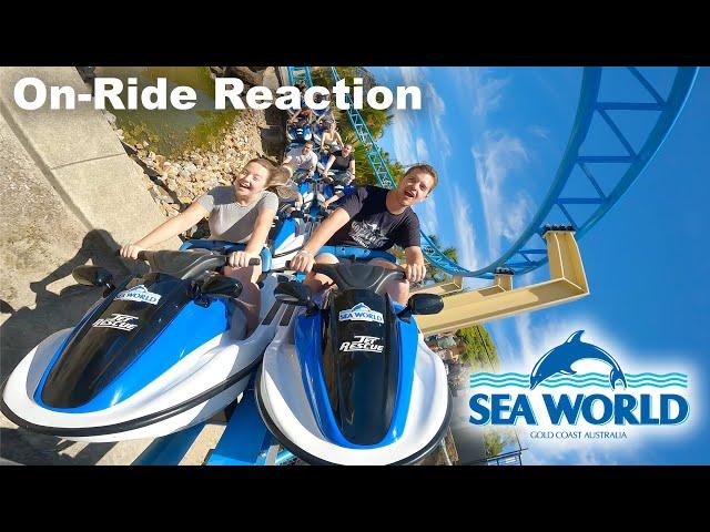 Riding Jet Rescue at Sea World Australia! Awesome Fast Paced Intamin Straddle Coaster