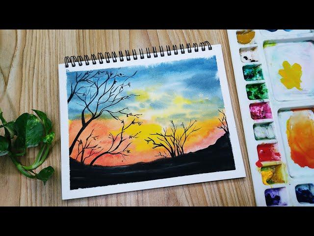 Easy Watercolor SUNSET LANDSCAPE Painting Step by Step for Beginners / Watercolor Tutorial