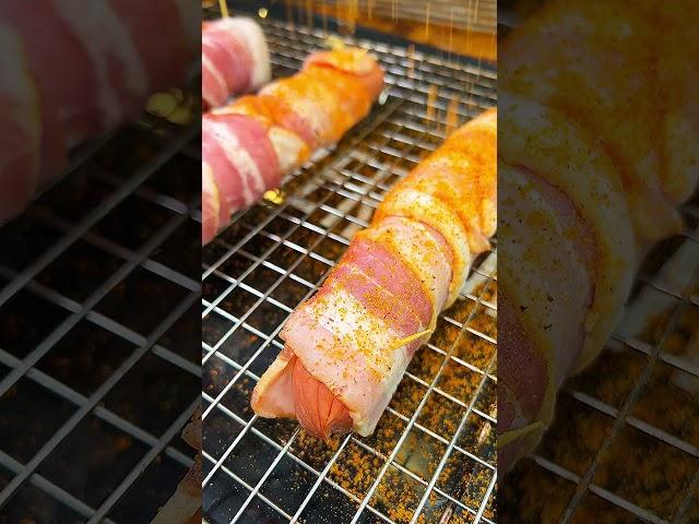 The best bacon wrapped hot dog recipe !  #easyrecipe #hotdog #partyfood #cookout #homemade #bacon