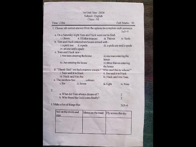 Class-6//English Question pepar-2024//#2024test #english #questionpaper #shorts #seba