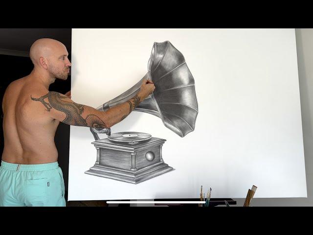 Ashvin Harrison Artist Painting A Gramophone With Charcoal Acrylic And Oil Painting