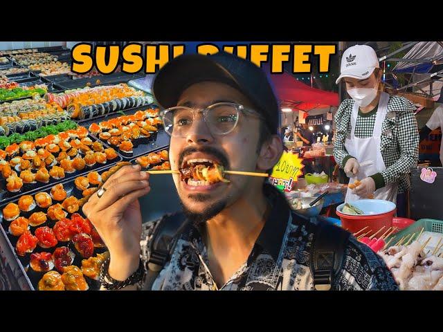 Thai Street Food Tour  - Sushi Buffet & Korean Wings In Biggest Food Market Of Bangkok Thailand