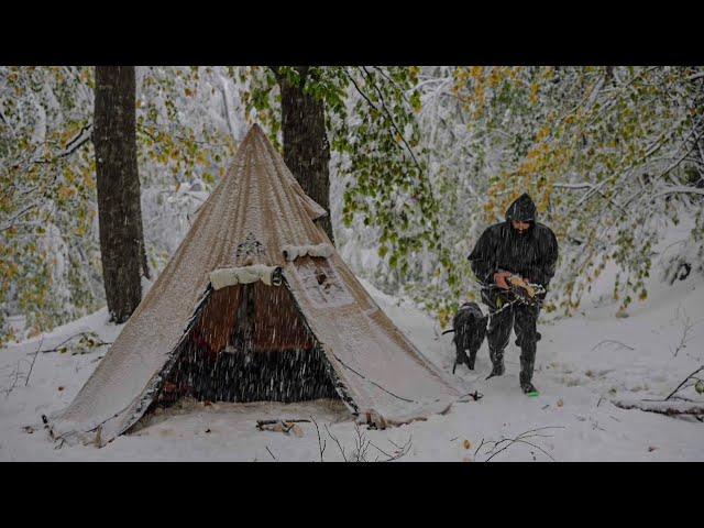 Hot Tent Camping with my Dog in Snowstorm and Freezing Winter