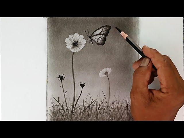 Flower with flying butterfly landscape drawing by pencil.